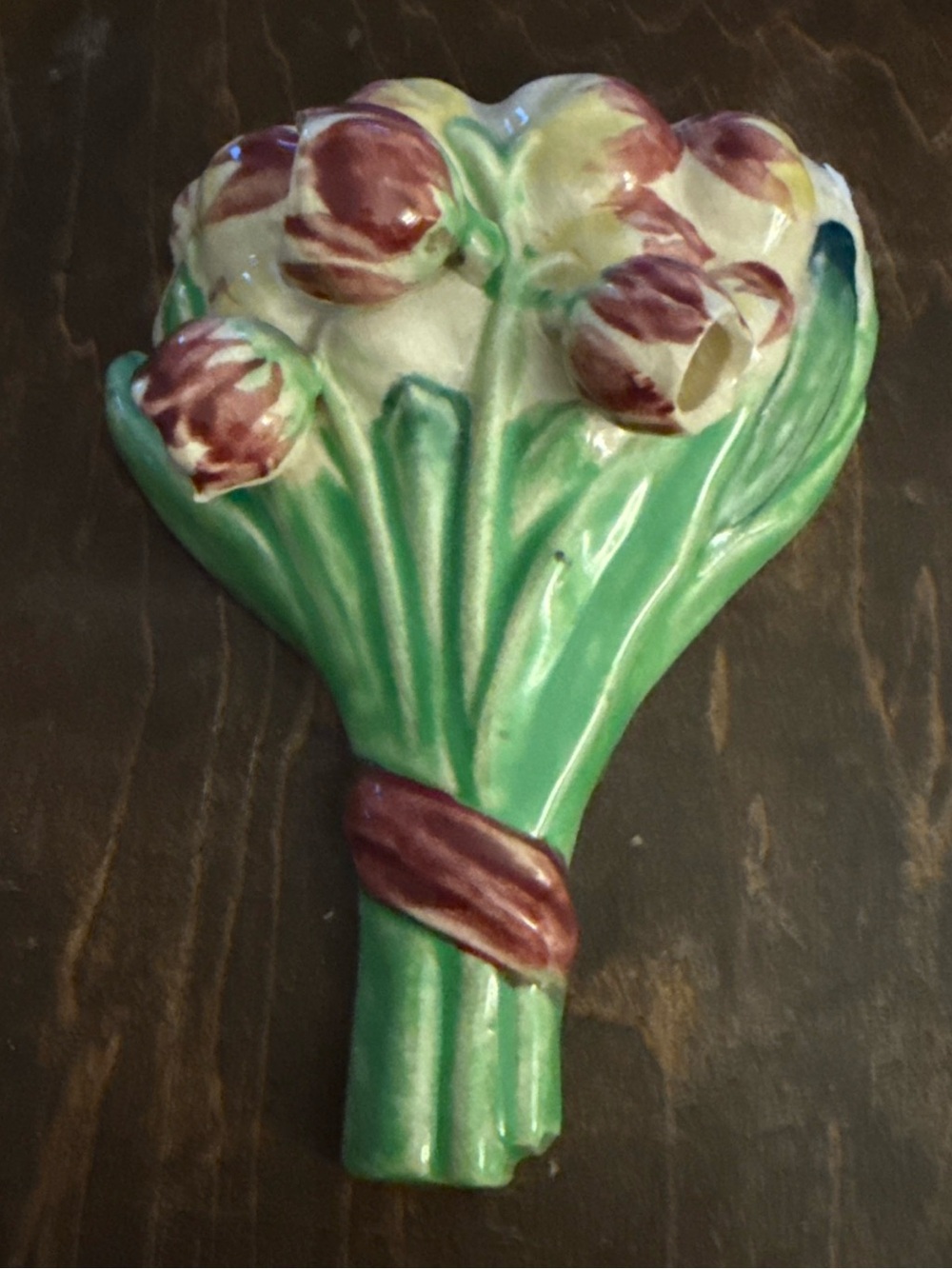 Ceramic Tulip Bouquet Wall Pocket - Green and Maroon vintage 1930-1950